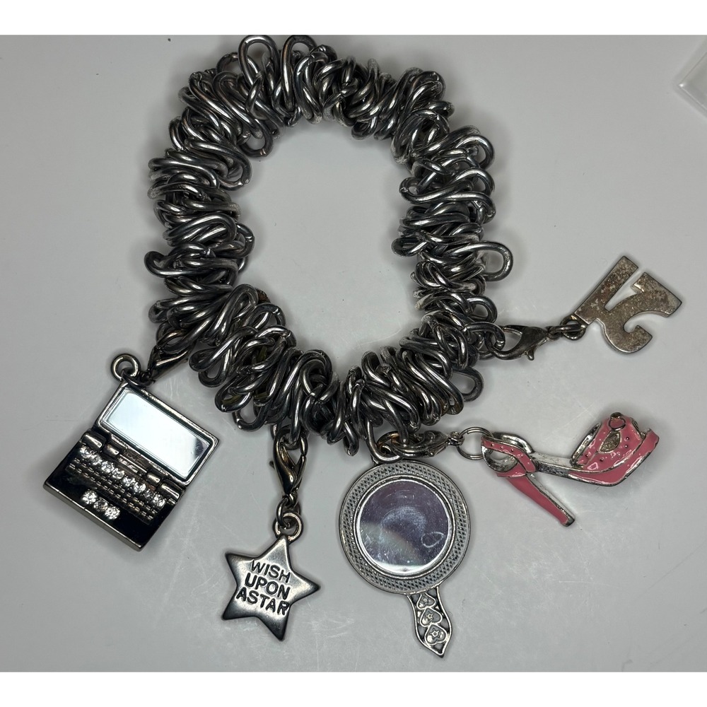 Vintage Silver Tone Chunky Coil Stretch Charm Bracelet Laptop Star Mirror Shoe
